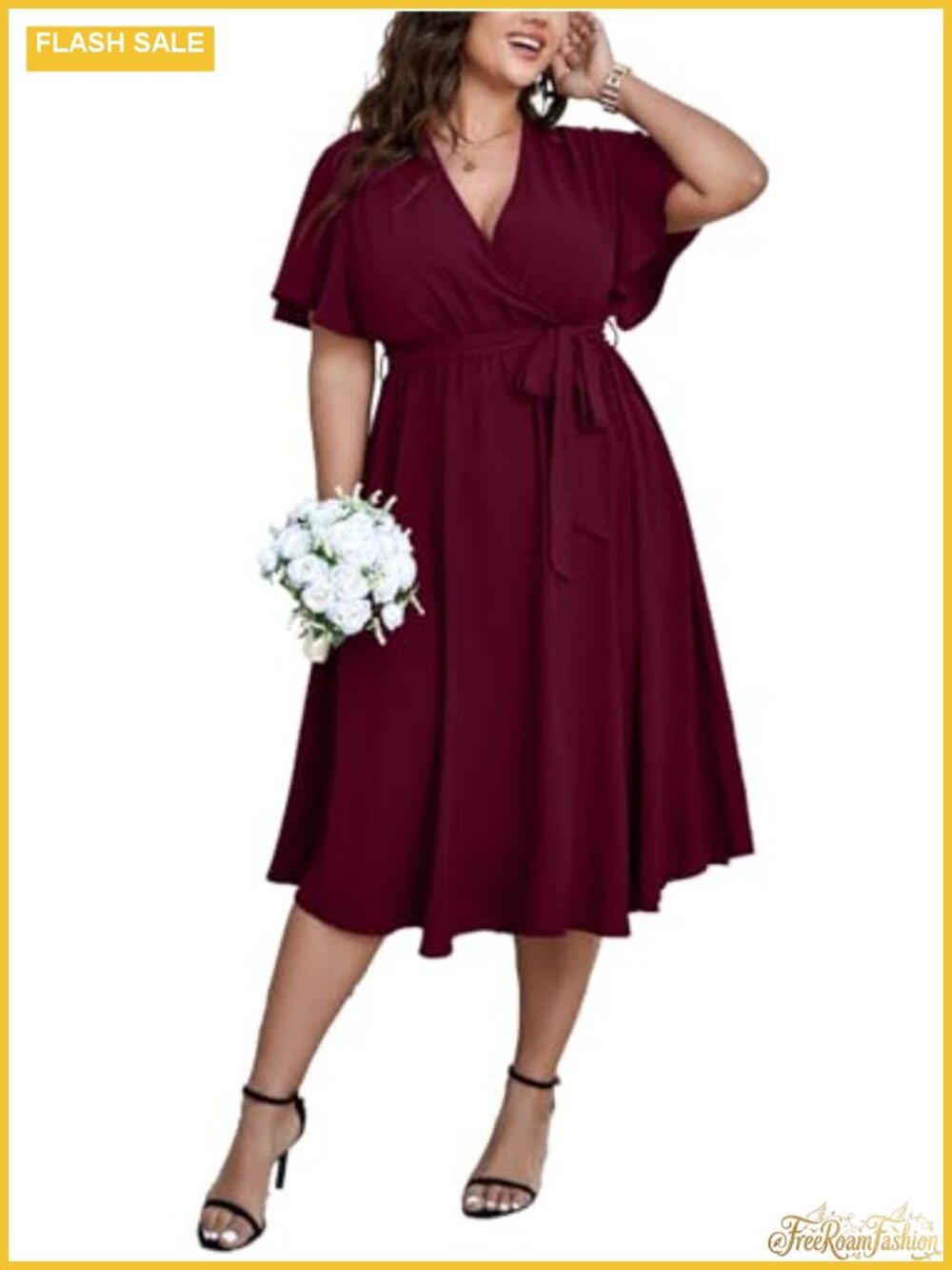 Plus Size Flutter Sleeve Wrap Midi Dress V-Neck Belted A-Line Flowy